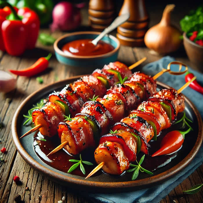 A delicious plate of Bacon Bourbon BBQ Chicken Kebabs, beautifully presented.