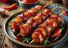 A delicious plate of Bacon Bourbon BBQ Chicken Kebabs