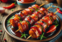 A delicious plate of Bacon Bourbon BBQ Chicken Kebabs