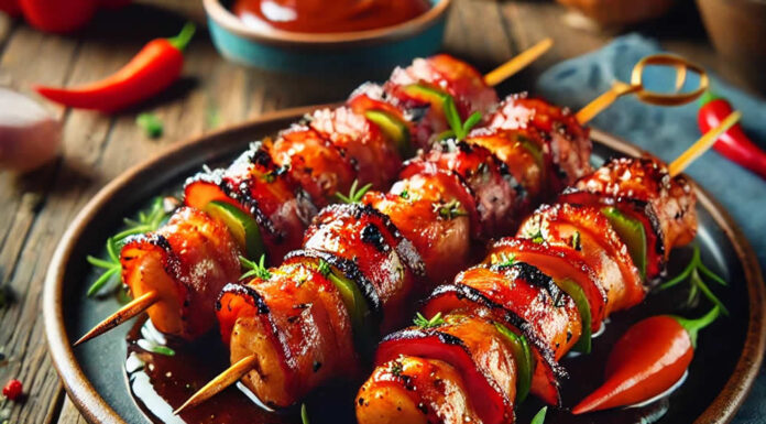 A delicious plate of Bacon Bourbon BBQ Chicken Kebabs