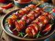 A delicious plate of Bacon Bourbon BBQ Chicken Kebabs