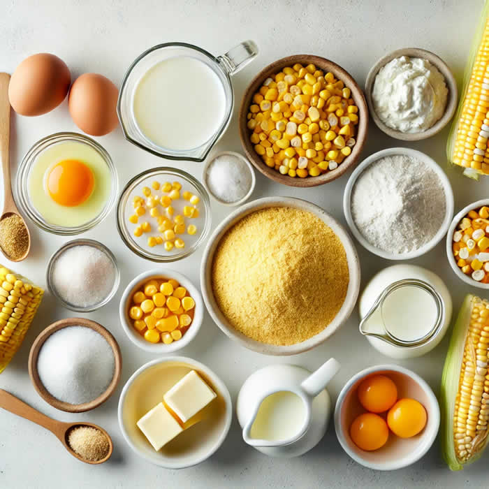 Ingredient display for Sweet Corn Spoon Bread, arranged for a bright and organized look. This setup should help showcase the recipe's essentials beautifully! Let me know if you'd like further adjustments.