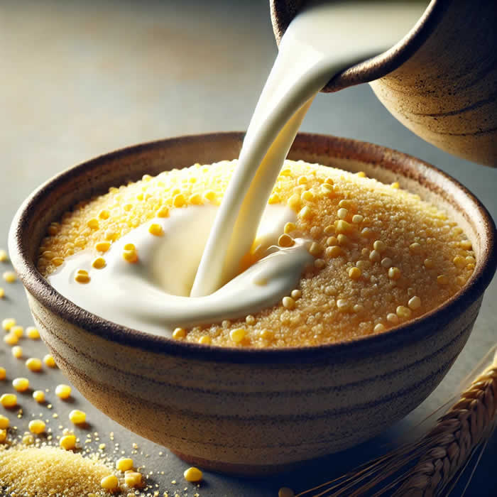 A close-up image of the cornmeal and milk mixing stage, capturing the moment of milk being poured into the cornmeal. This shot emphasizes texture and color nicely for your recipe visuals. Let me know if you'd like any tweaks!