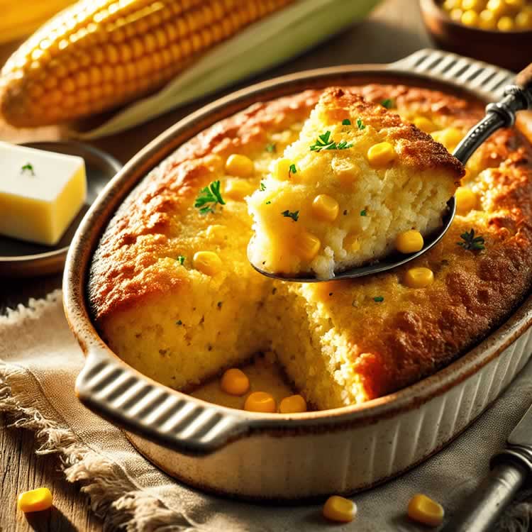 an image of the freshly baked Sweet Corn Spoon Bread. The warm, rustic look should capture the cozy, homemade essence of the dish! Let me know if you’d like any adjustments.