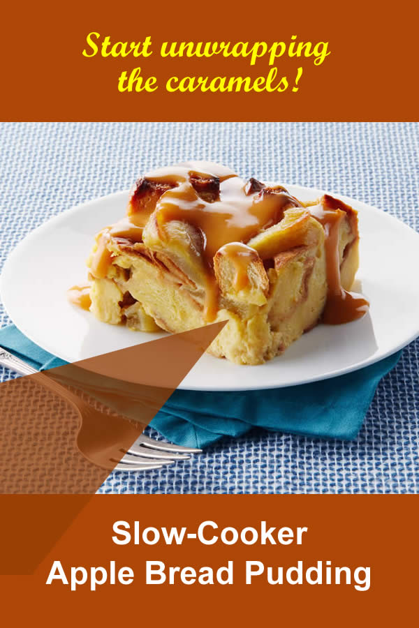 Slow-Cooker Apple Bread Pudding with Warm Caramel Sauce #SlowCooker #AppleBreadPudding #AppleBread #CaramelSauce #SlowCookerAppleBread