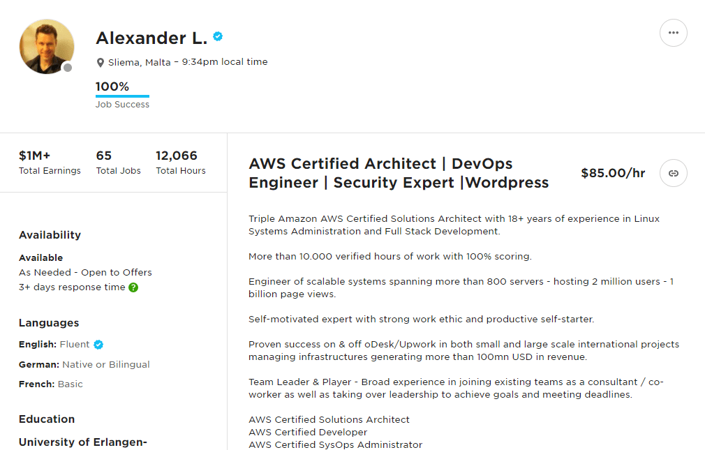 Alexander L. a top rated freelancer and independent web developer from Upwork, 18+ years of experience in Linux Systems Administration and Full Stack Development