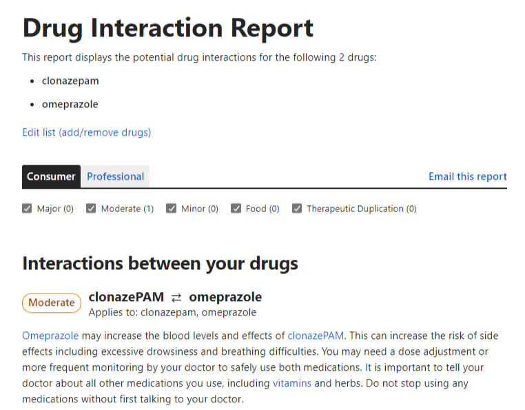 This report displays the potential drug interactions for the following 2 drugs: omeprazole and clonazepam