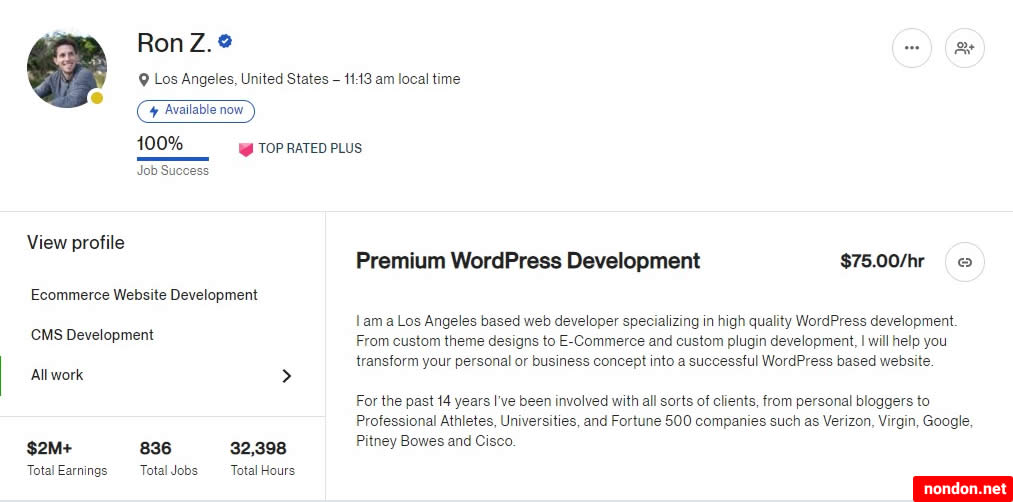 Upwork profile of Ron Zvagelsky, Premium WordPress Developer, Independent Web Developer on Upwork from Los Angeles United States. Source: Upwork.com